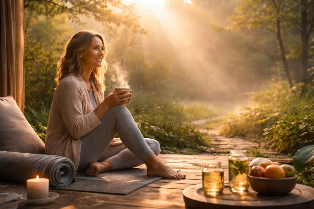 Une approche du bien-être sans pression ni extrêmes Scène apaisante illustrant une approche du bien-être sans pression, centrée sur le calme, la douceur et le respect du rythme naturel