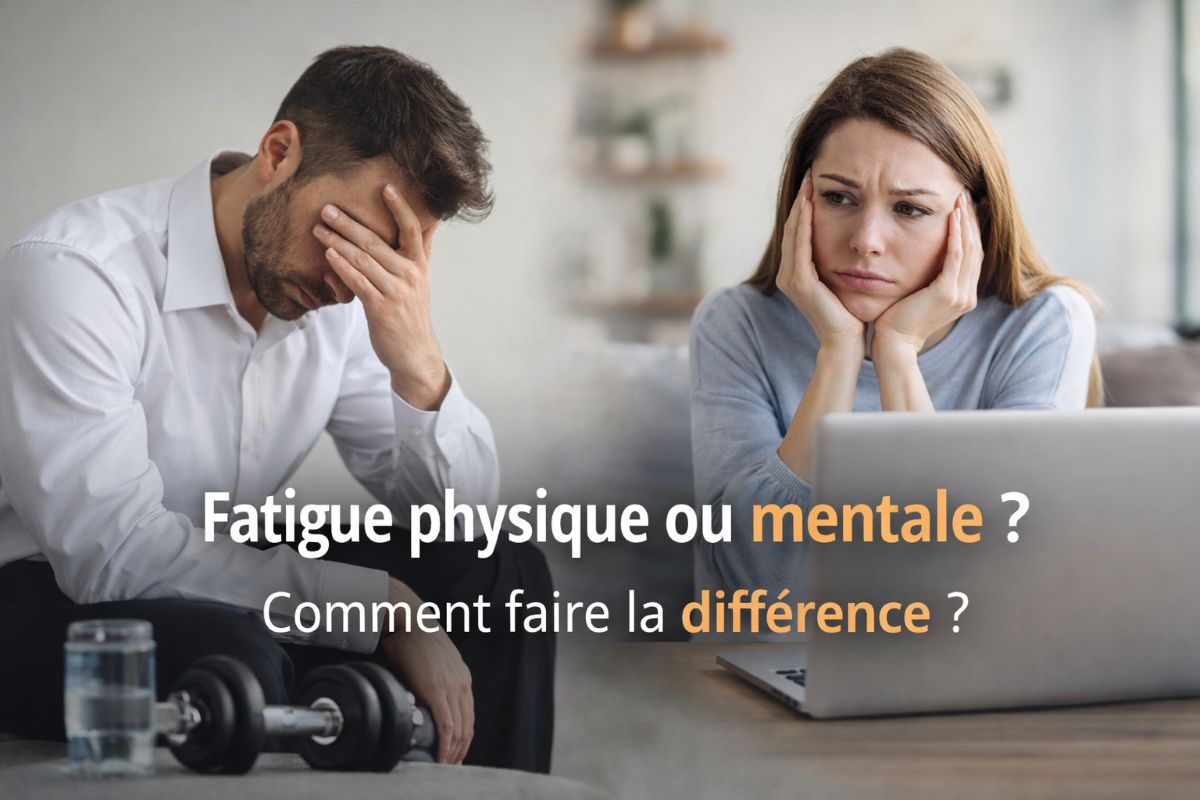 Homme physiquement épuisé après l’effort et femme mentalement fatiguée devant un ordinateur, illustrant la différence entre fatigue physique et fatigue mentale