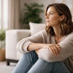 Femme assise près d’une fenêtre, regardant au loin avec une expression calme et réfléchie, illustrant un corps qui va mieux mais un élan intérieur qui tarde à revenir.