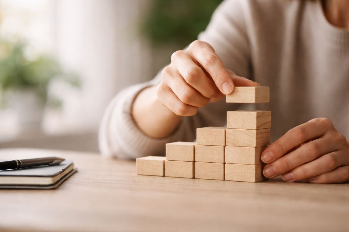Mains empilant des blocs en bois formant un escalier progressif, symbolisant une reprise en main progressive et structurée.