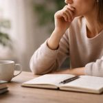 Femme assise à une table, regard pensif au-dessus d’un carnet ouvert, avec une tasse de café et des livres posés à côté, dans une ambiance calme et lumineuse.
