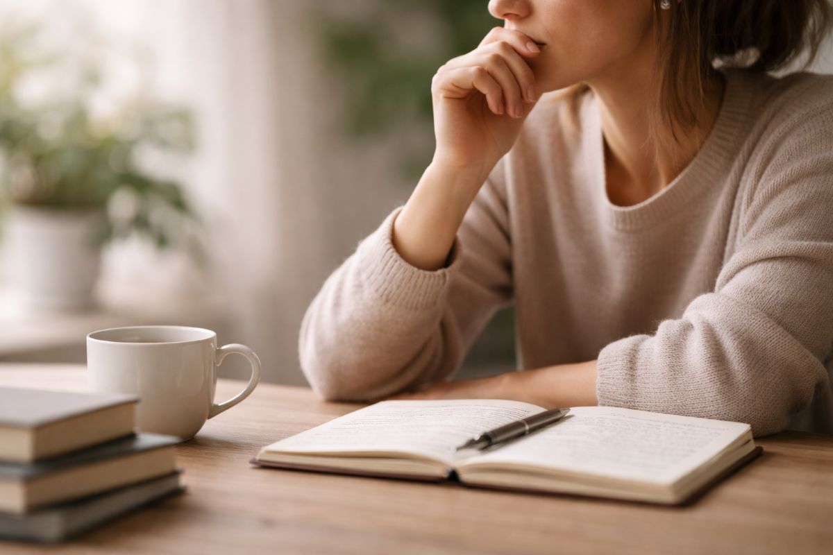 Femme assise à une table, regard pensif au-dessus d’un carnet ouvert, avec une tasse de café et des livres posés à côté, dans une ambiance calme et lumineuse.