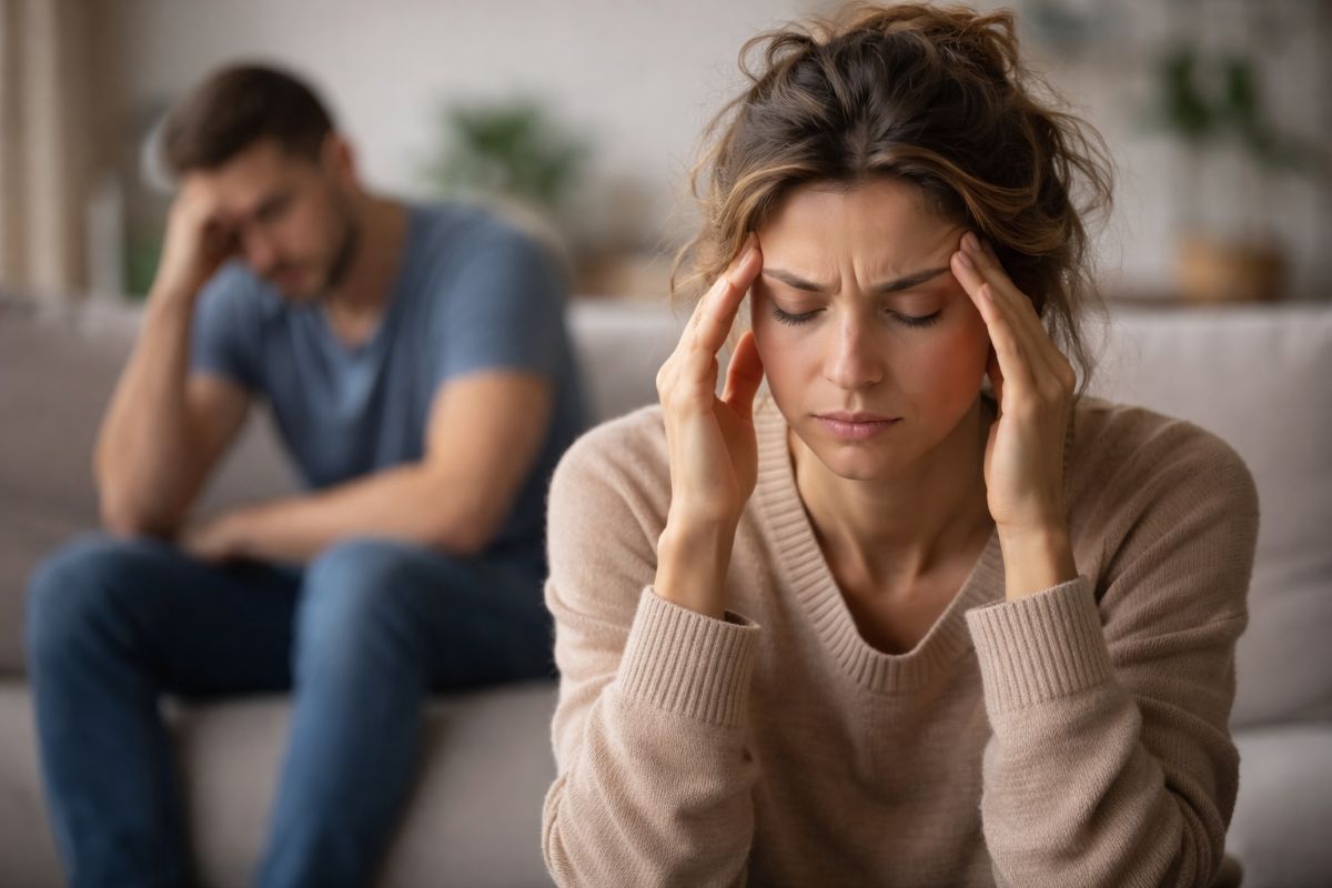 Femme assise les yeux fermés, tenant ses tempes en signe de fatigue et de tension intérieure, pendant qu’un homme apparaît pensif en arrière-plan.