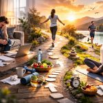 Scène symbolique montrant une transition d’un état de stress intérieur vers un environnement naturel apaisant, illustrant l’adaptation progressive vers un équilibre durable.